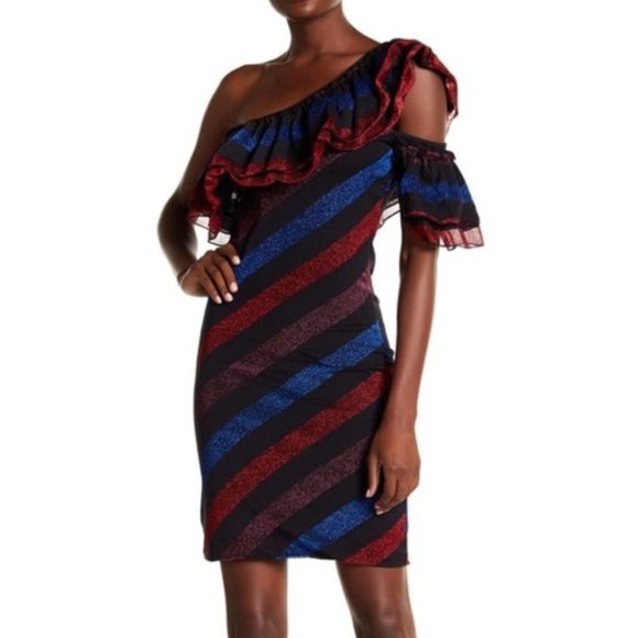 Diesel Womens One Shoulder Striped Sparkle Shimmer Ruffle Party Dress Si… - Picture 1 of 13